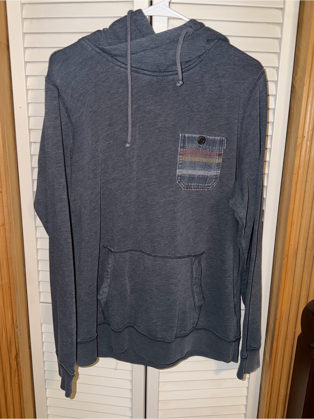 Hollister Men's Heather Navy Hooded Pocket Pullover Shirt